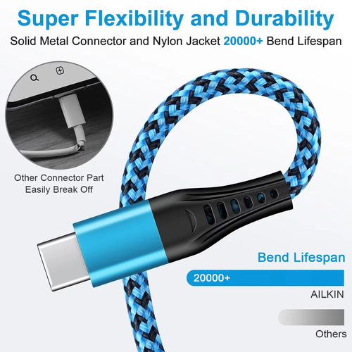 Charging Block,Type C Charger Block Fast Charging  Multi Three Port Charger Block with 3PCS Type C Charging Cables 6Ft USB C Cables Wall Charger Block Plug Android Charger Phone Cords Type C