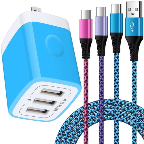 Charging Block,Type C Charger Block Fast Charging  Multi Three Port Charger Block with 3PCS Type C Charging Cables 6Ft USB C Cables Wall Charger Block Plug Android Charger Phone Cords Type C